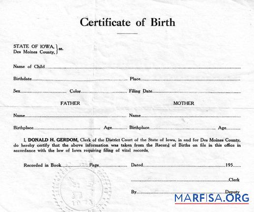 Blank United State District Court of Iowa birth certificate example